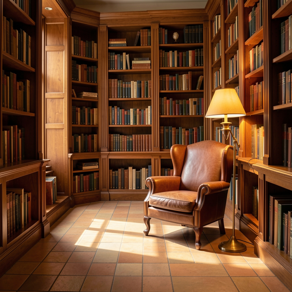 Warm lit library interior with tall wooden bookshelves, leather reading chair and diffused golden lamp light casting long shadows across a tiled floor