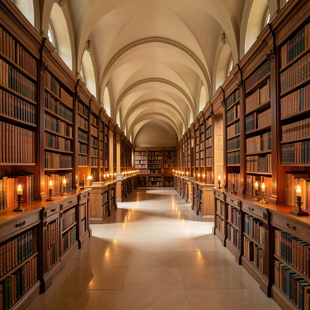 Expansive view of a classical European library with tall arched ceilings, row upon row of leather-bound books and warm amber candlelight reflecting on polished stone floors