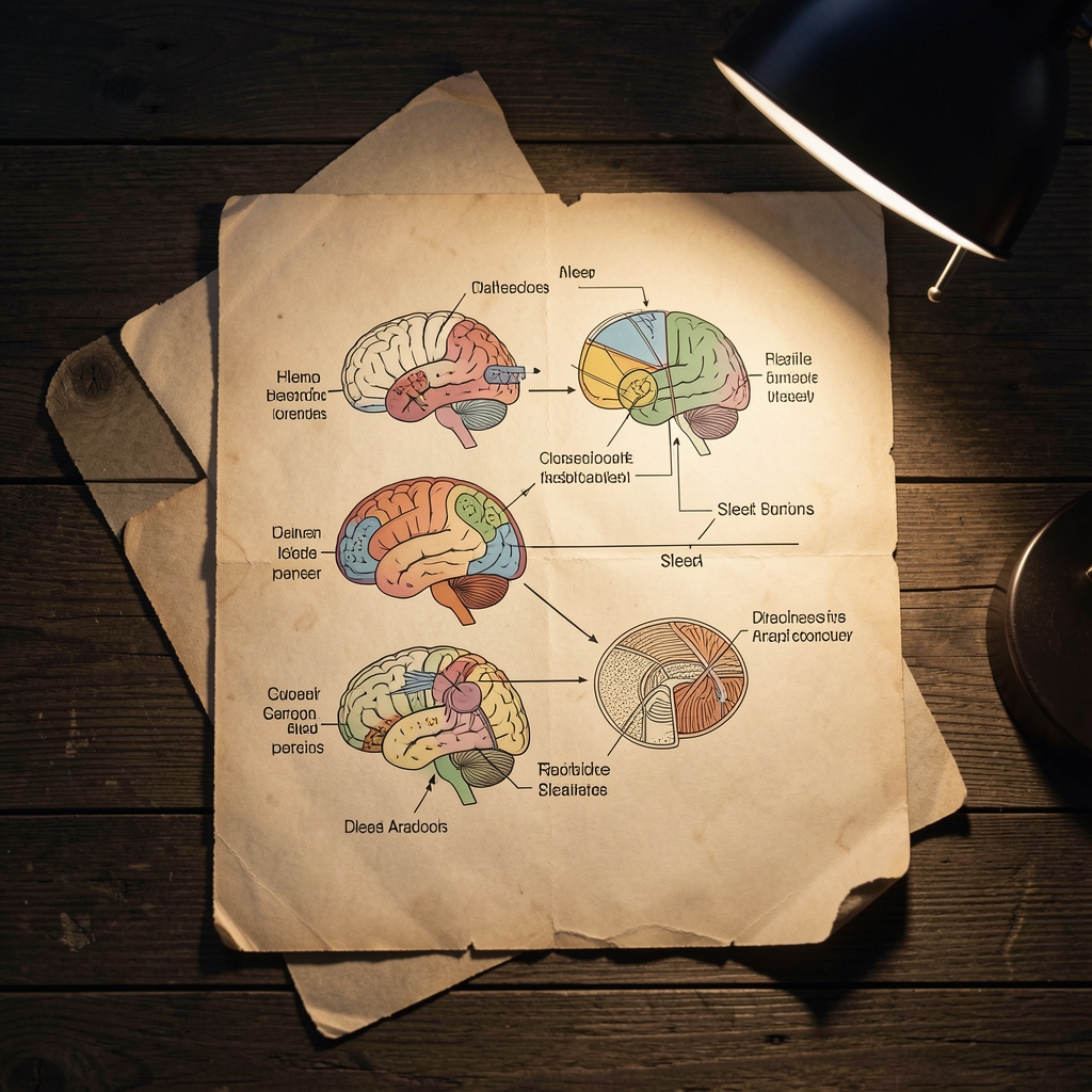 Scientific diagram of human sleep architecture printed on aged paper, shown under directional desk lamp illumination with deep shadows on a dark wooden surface