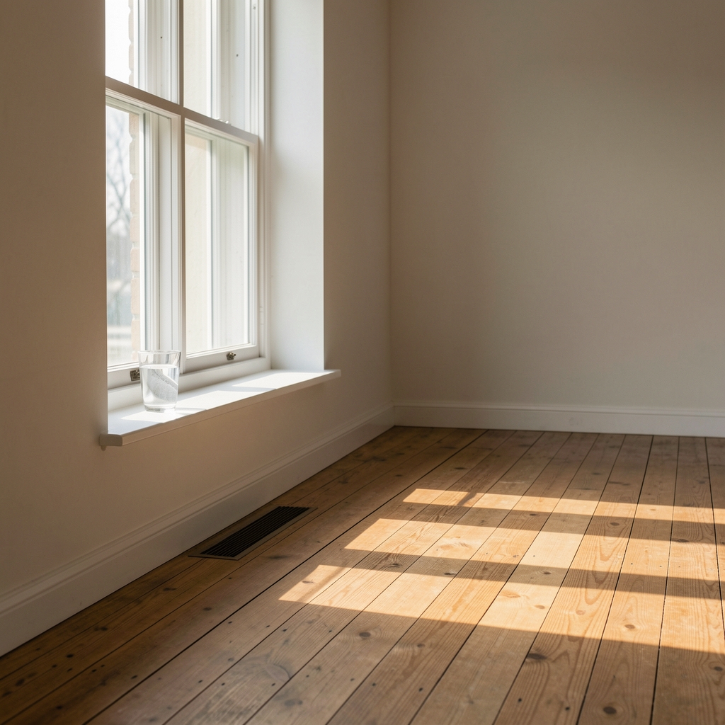 Early morning sunlight streaming through tall windows onto a wooden floor in a sparse, tidy interior with a glass of water on a windowsill