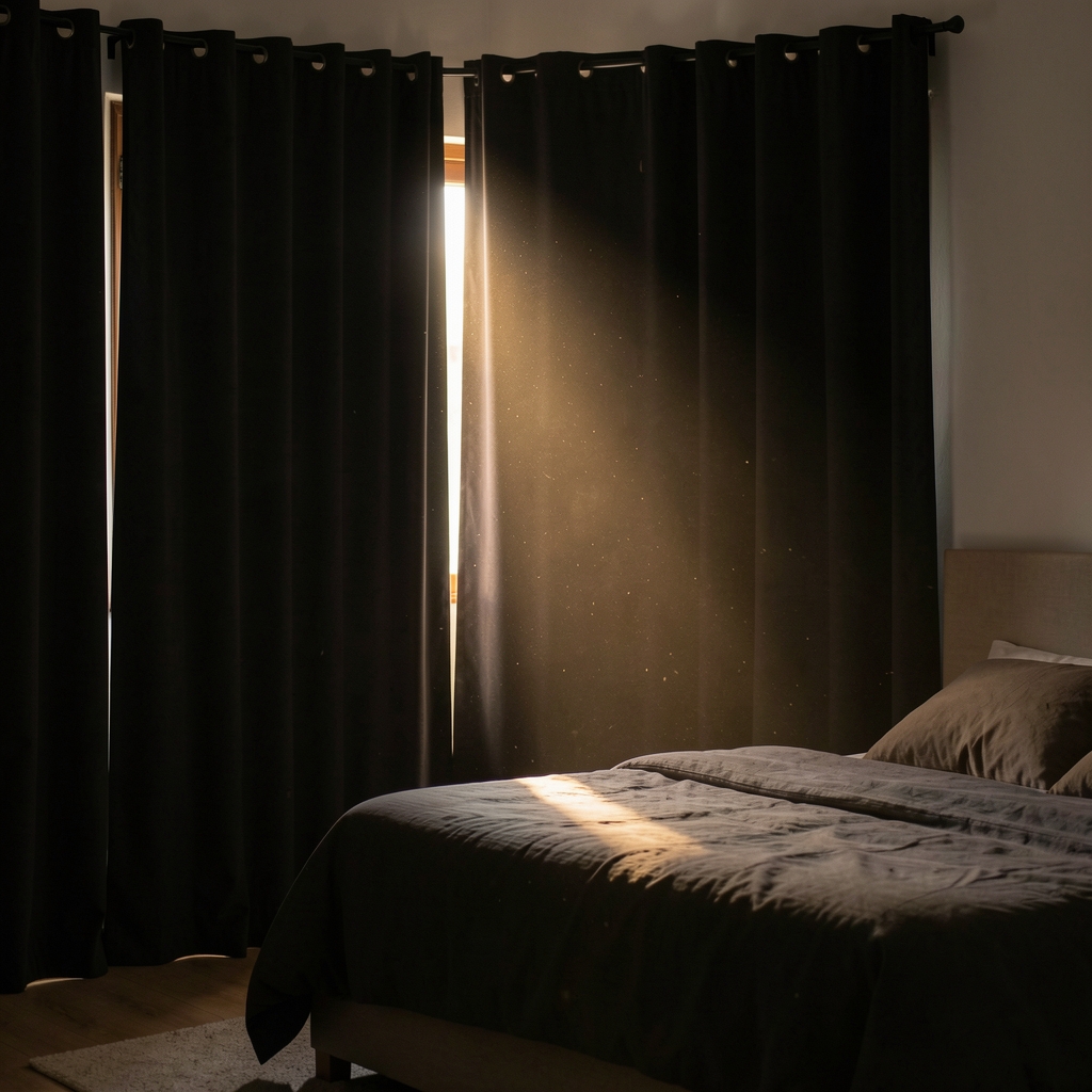Interior of a dimly lit bedroom with blackout curtains drawn, one narrow beam of warm light from a door gap illuminating dust particles in still air