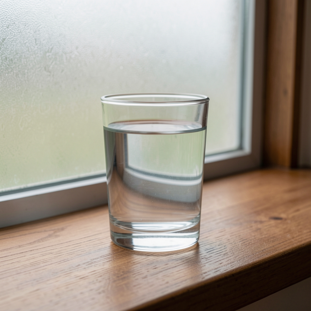 Clear glass filled with water placed on a wooden surface next to a frosted window with soft overcast natural light creating clean reflections