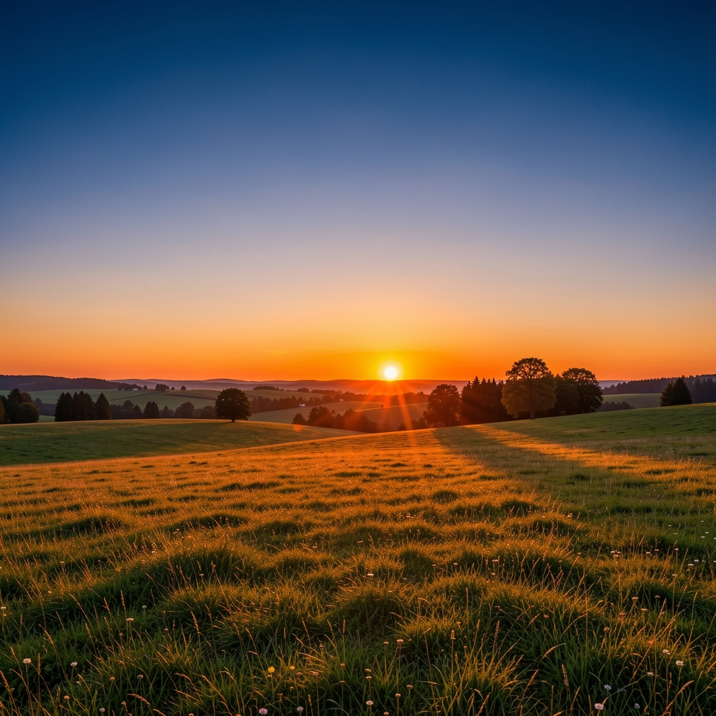 Sunset horizon over open Austrian countryside with warm orange and deep blue sky blending at the edge, low sun casting long golden shadows across a meadow