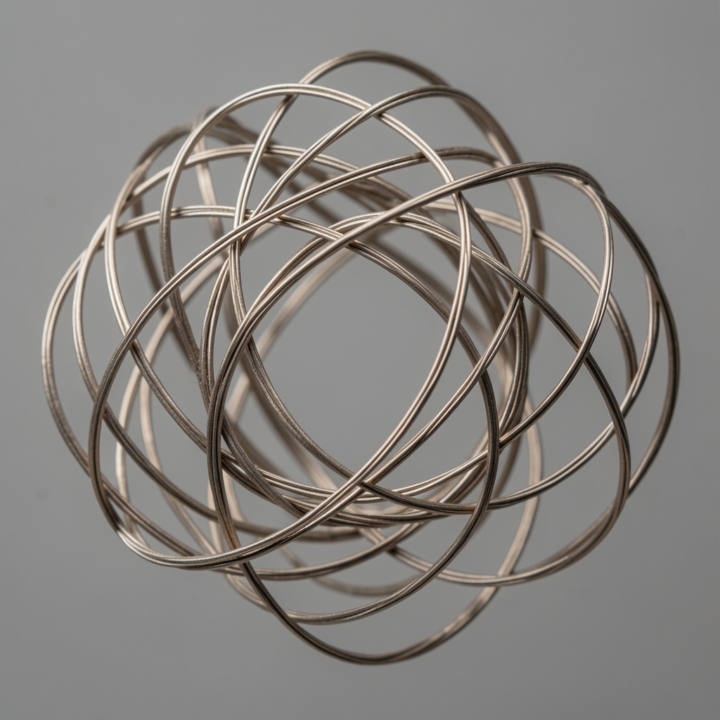 Abstract macro photograph of tangled thread or wire forming overlapping loops against a neutral grey background suggesting complexity and interconnection
