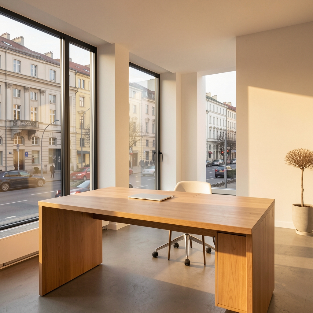 Minimalist modern office space with large windows overlooking an urban street in Vienna, warm afternoon light across a clean wooden desk surface