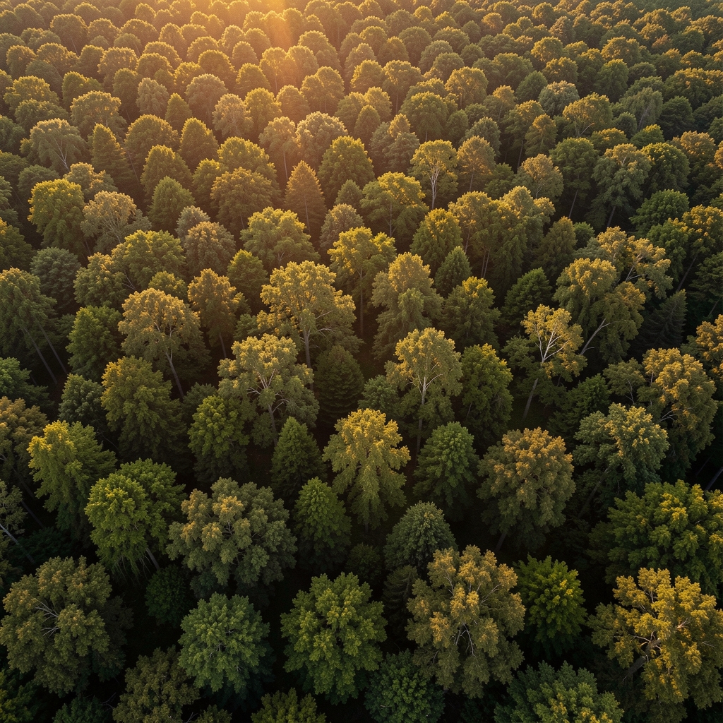 Expansive overhead view of a dense forest canopy at dusk with warm golden tones filtering through the treetops creating a sense of depth and stillness