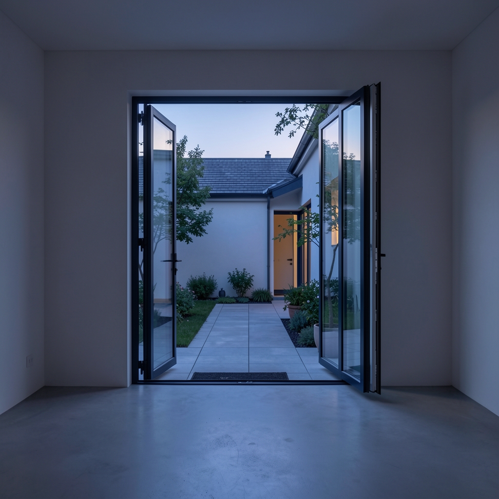 View from inside a minimalist room looking outward through a large open window at a quiet courtyard with evening light fading into blue dusk tones
