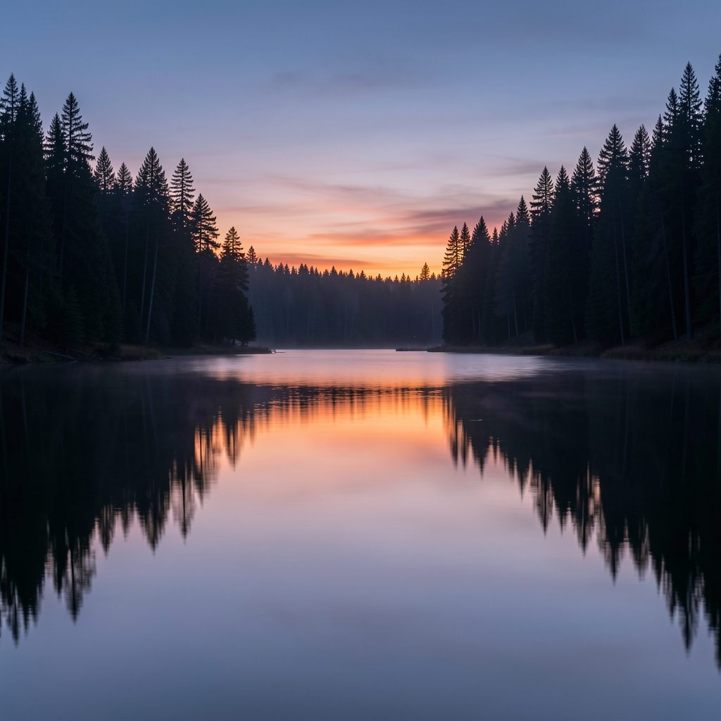 Serene twilight landscape with soft ambient light diffusing across a still body of water surrounded by dark forest silhouettes
