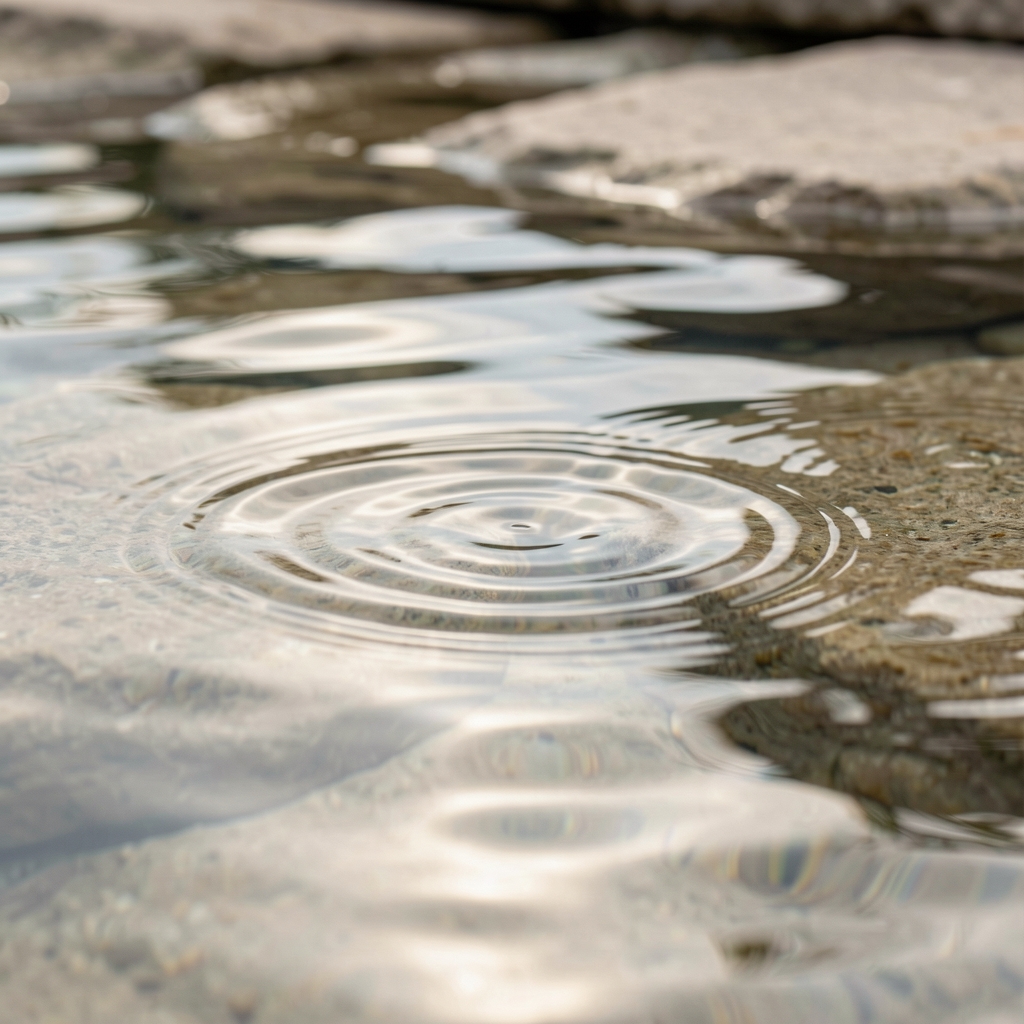 Close-up of still water surface with soft reflections of light forming gentle ripple patterns on a neutral stone background in diffused natural light