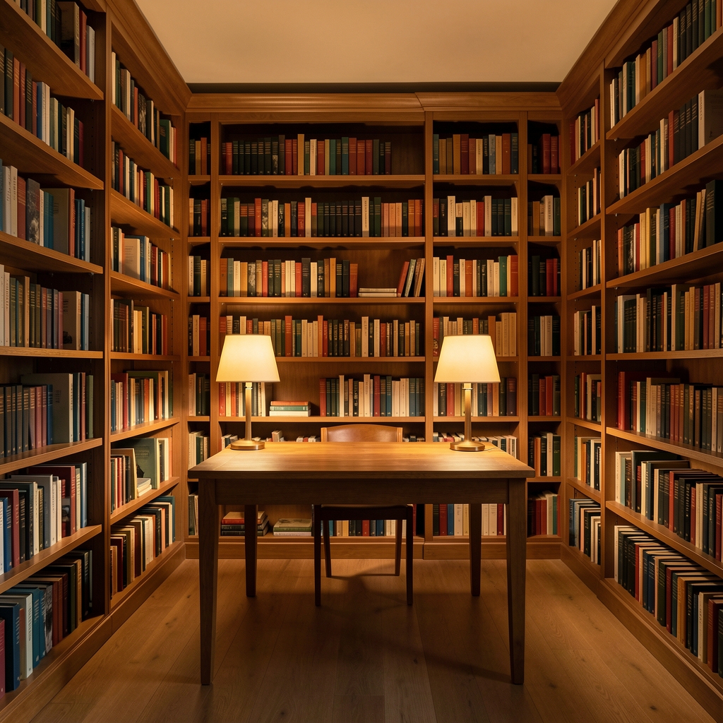 Wide angle view of a quiet reading room with layered bookshelves, warm lamp illumination and a single wooden desk in a cinematic composition