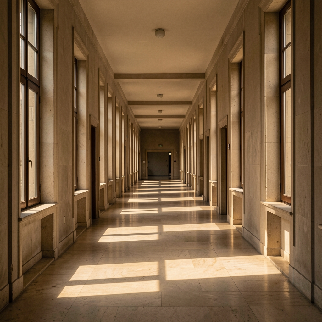 Long corridor with alternating bands of warm sunlight and deep shadow cast through tall narrow windows onto a pale stone floor in an austere institutional interior