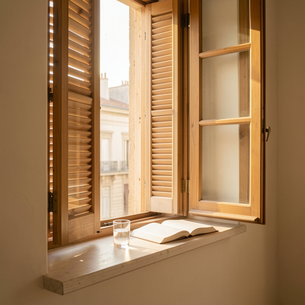 Quiet apartment interior at dawn with pale golden light entering through half-open wooden shutters, a glass of water and open book on a sunlit windowsill