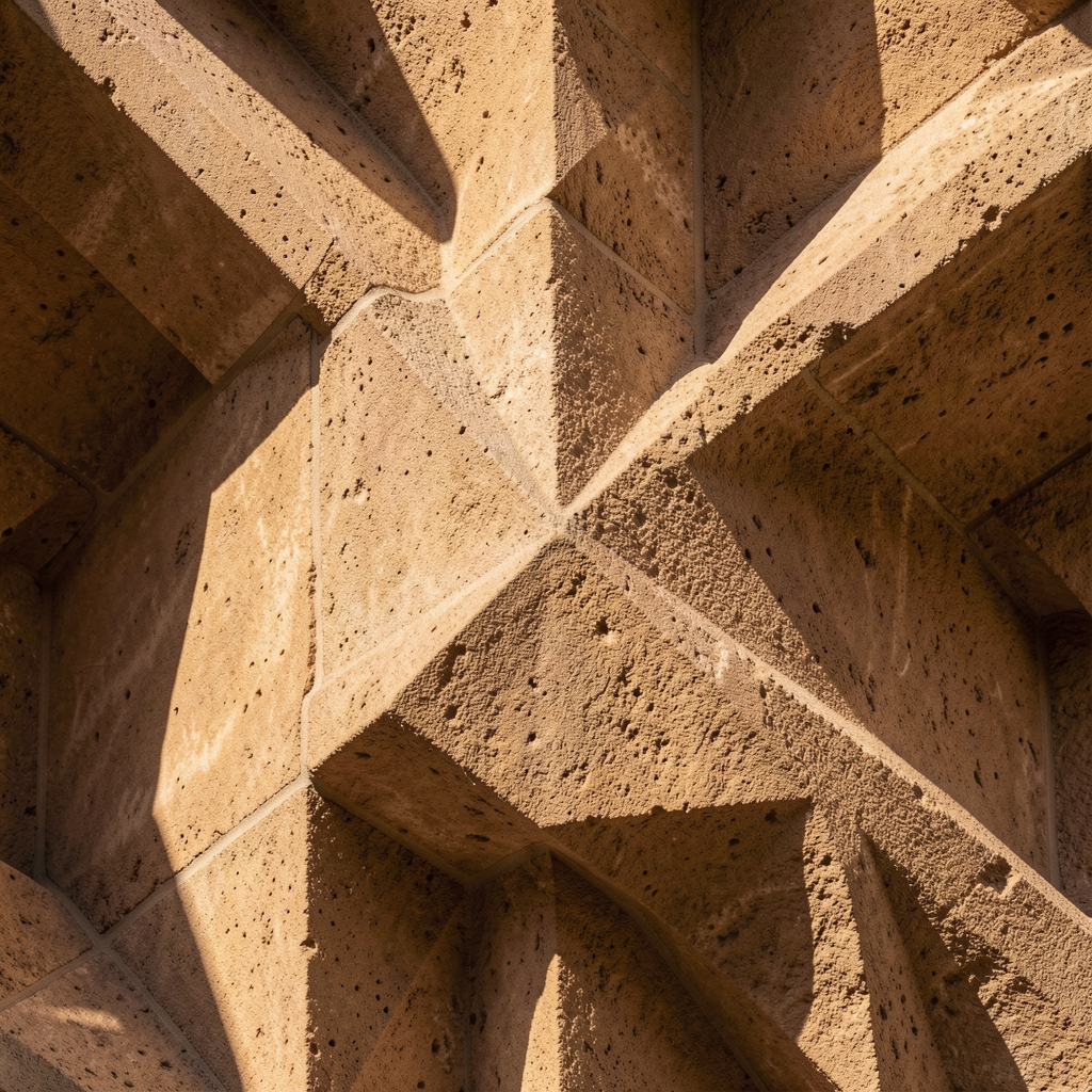 Abstract close-up of geometric architectural patterns in warm stone, with deep shadows and textured surfaces suggesting structure and order