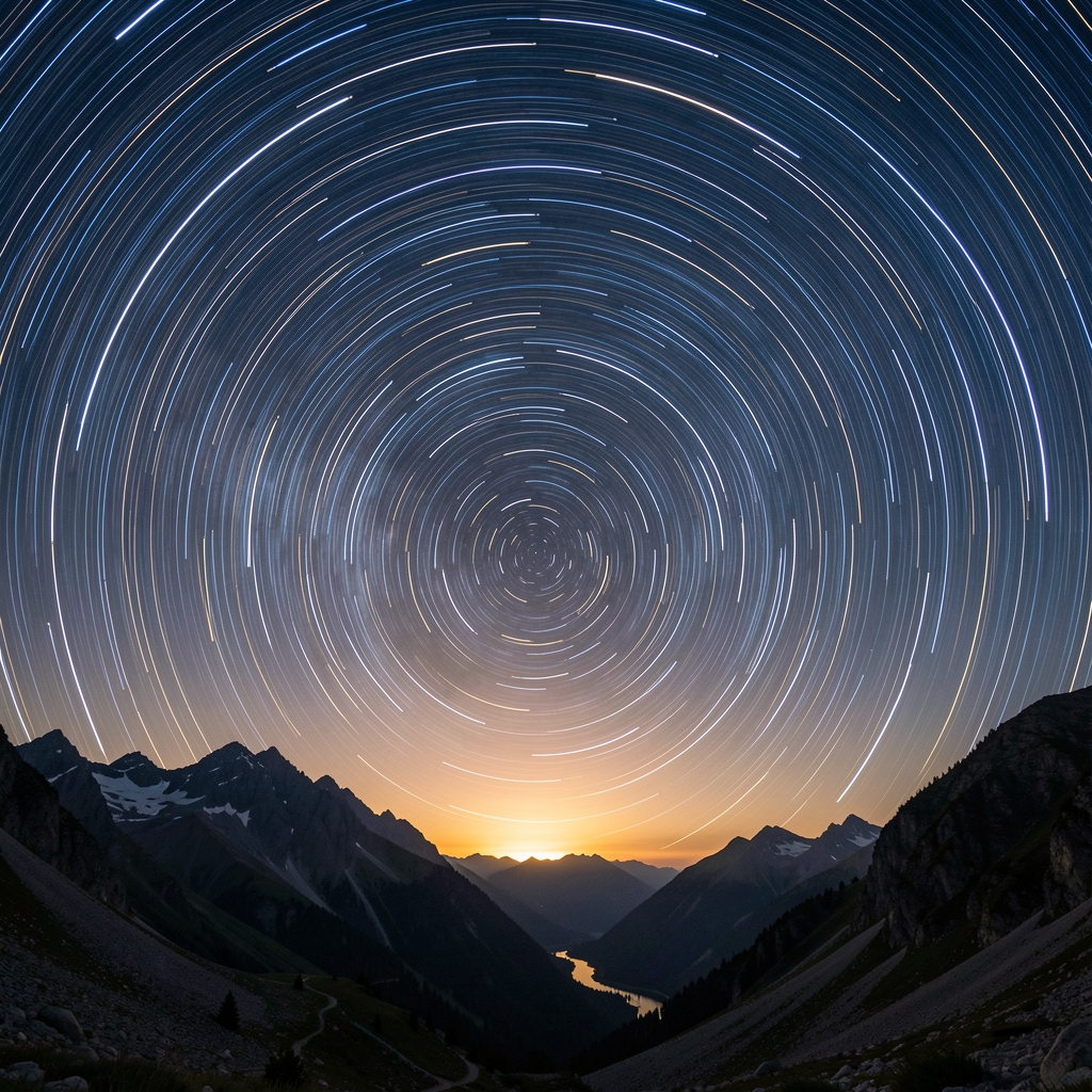Long exposure photograph of star trails forming concentric arcs over a dark alpine landscape with a faint glow on the horizon suggesting rhythmic time passage