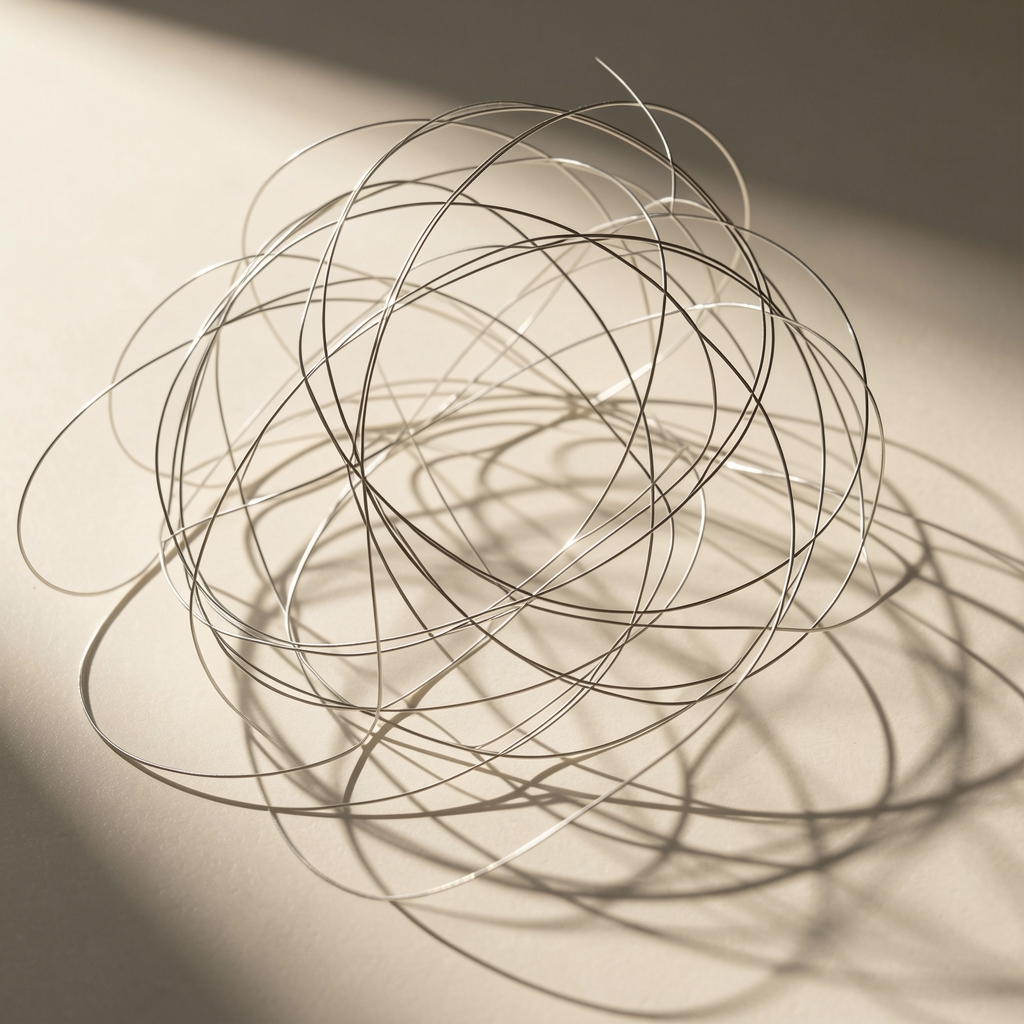 Abstract photograph of tangled fine thread or wire forms casting complex interlocking shadows on a smooth pale surface under directional studio light